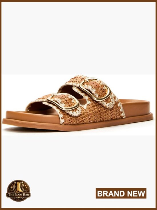 Shoes - Platform Raffia Slide Sandals Woven Double Buckle Adjustable Summer Beach Shoes